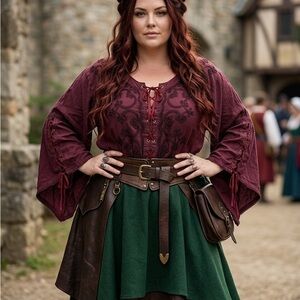 Holy Clothing Women's Plus 4X Wine Blouse Embroidered Lace Up Top Whimsy Fairy